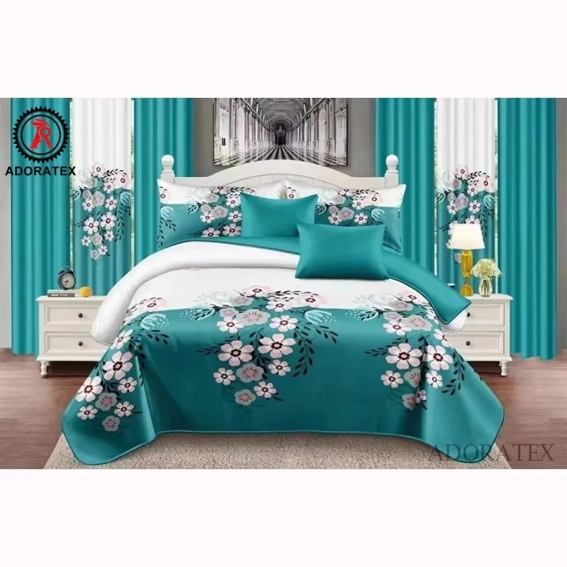 Solid color 5-piece bed sheet with curtains set quick dry